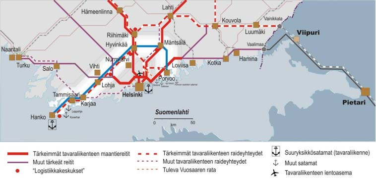 12 Kehä V opastuksen ja viitoituksen esisuunnitelma ÄHTÖKOHDAT Kuva 3 iikenneyhteydet eri kulkumuodoilla ja tärkeimmät logistiikkakeskittymät Kehä V:n tuntumassa