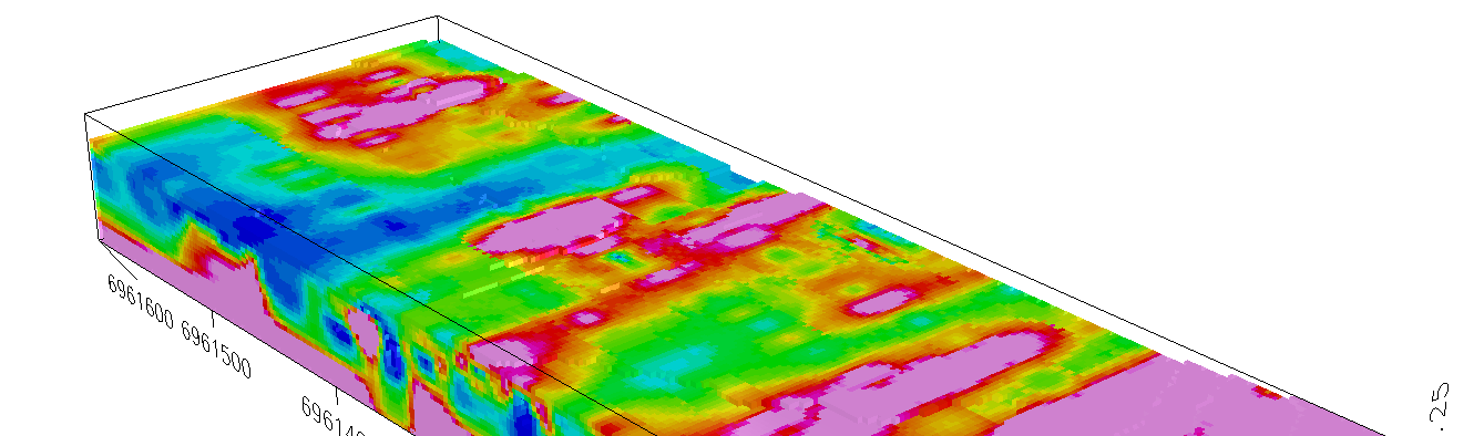 4 Mittausaineistolle tehtiin 3D-inversio Res3DInv-ohjelmalla (Loke & Barker, 1996). Tulokset on visualisoitu vokseleina Geosoft Oasis Montaj ohjelmalla.