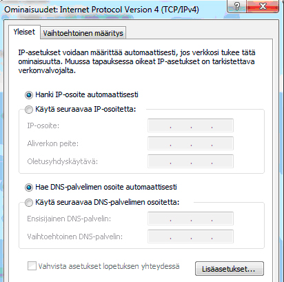 Oletusasetusten tulee olla kuvien mukaiset. IP-asetukset -välilehti: DHCP käytössä tulee näkyä IP-osoite -ikkunassa. Huom!