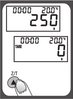 Beispiel 1: Wenn das Gesamtgewicht auf der Waage unter 200 g liegt, wird jedes Mal wenn [ Z/T ] gedrückt wird ZERO angezeigt.