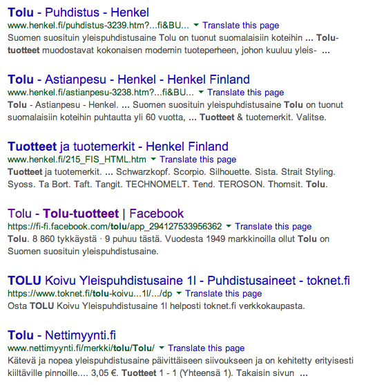 11 Kuva 4. Googlen hakutuloksia hakusanalle tolu tuotteet.