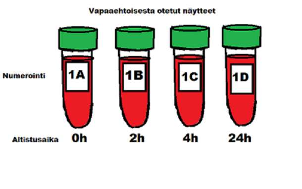 21 Ryhmäkirjaimen mukaan näytteitä altistettiin valolle eripituisia aikoja (kuva 2). A oli nolla-näyte, joka pysyi valolta suojattuna koko tutkimuksen ajan.