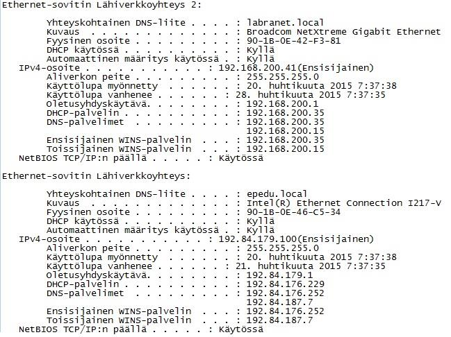 31 Labranet-verkon IP-osoitteet käännetään NAT-osoitekäännöksessä. Kuviossa 19 on NAT-osoitekäännöksen ja staattisen yhteyden konfiguraatiot. Kuvio 19. NAT-osoitekäännöksen konfiguraatio. 3.