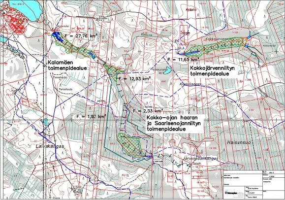 KUVA 5. Saarisenojan valuma-alueen kolme eri toimenpidealuetta (Maveplan Oy) Vesienhoitorakenteiden toteuttaminen alkoi syyskuussa 2012. Toteuttajana oli Kiimingin-Jäälin vesiensuojeluyhdistys.