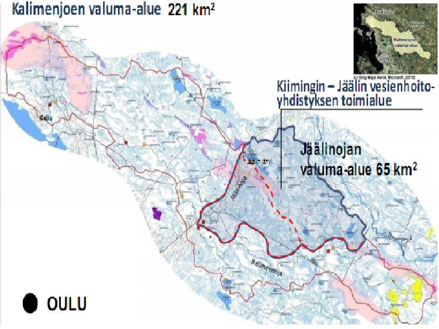 KUVA 1. Kalimenjoen valuma-alue, josta on tummennettuna erotettu Jäälinojan valuma-alue (Kiimingin-Jäälin vesienhoitoyhdistys) Järven suurin syvyys on vain noin 3,5 m.