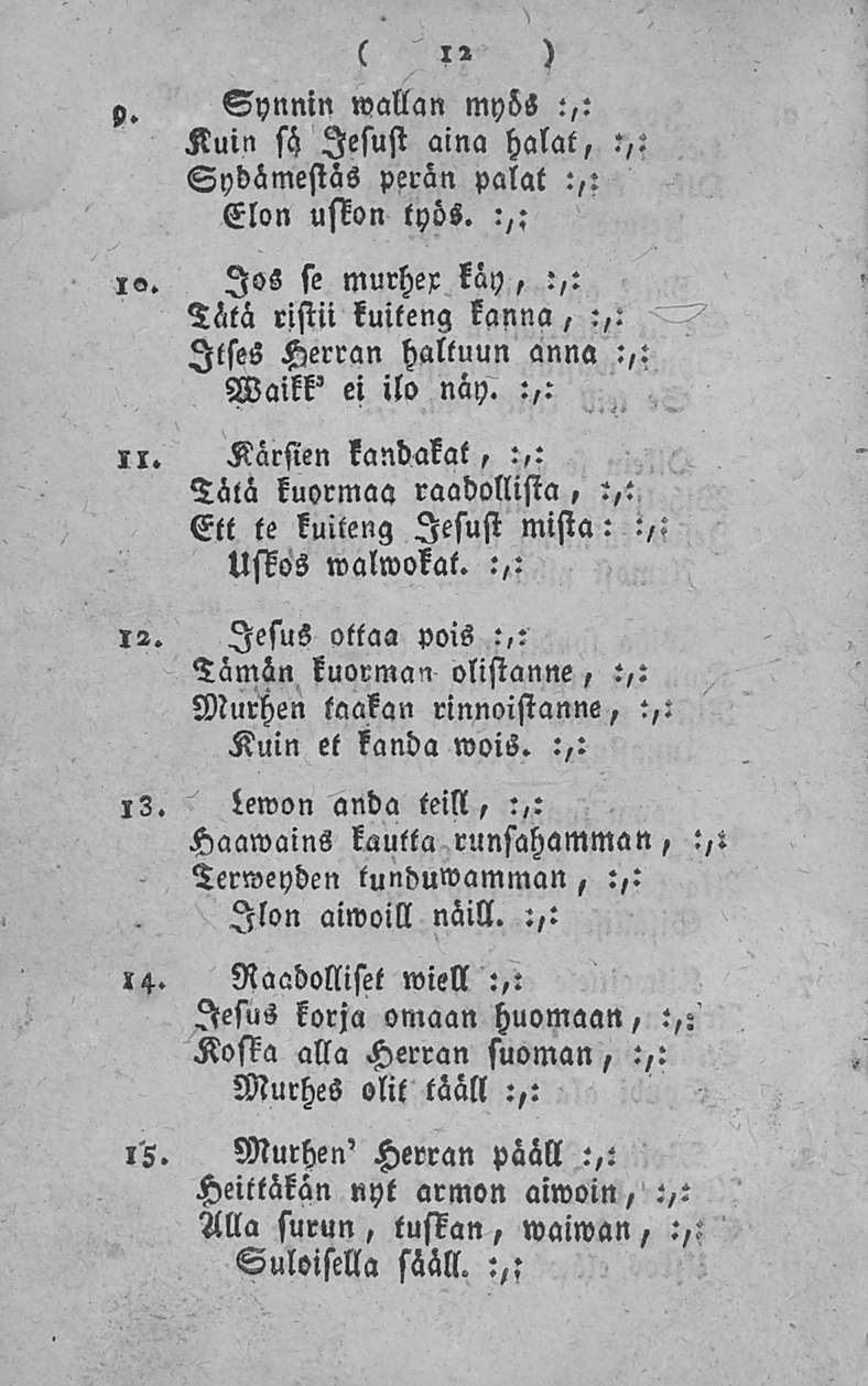 ' ( l» ) p. Synnin wallan myös :,: Kuin sä, lesust aina halat, :,. Sydämestas perän palat :,: Elon usion lyös. :,; i».