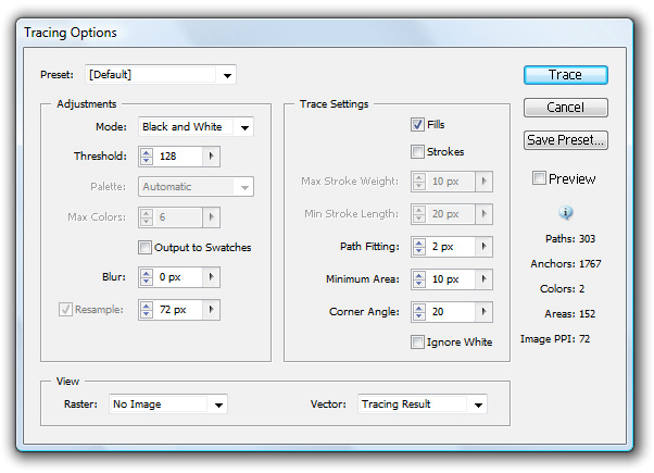 Kuva 17. Tracing Options -ikkuna Ensimmäisenä Tracing Options -ikkunassa on mahdollista valita jokin Live Trace -ohjelman valmiista esiasetuksista (Preset).