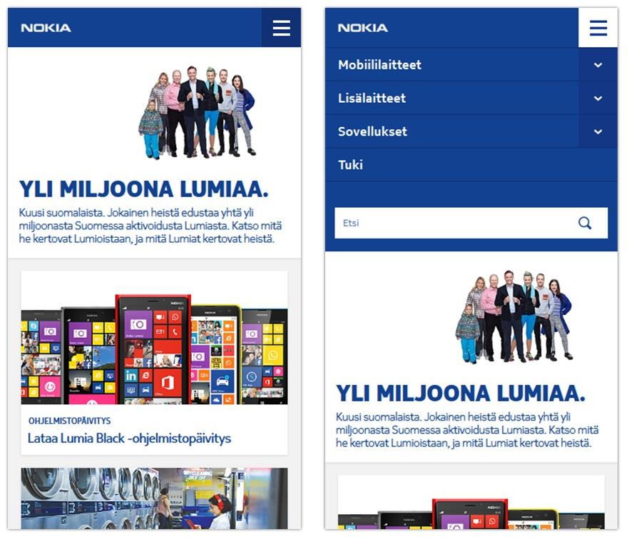 15 esiin otsakkeen alle työntäen samalla sisältöä alaspäin (Kuva 2). Vaihtoehtoisesti valikko voi painiketta painamalla aueta muun sisällön päälle. Kuva 2. Valikon toteutus mobiilinäkymässä [6].