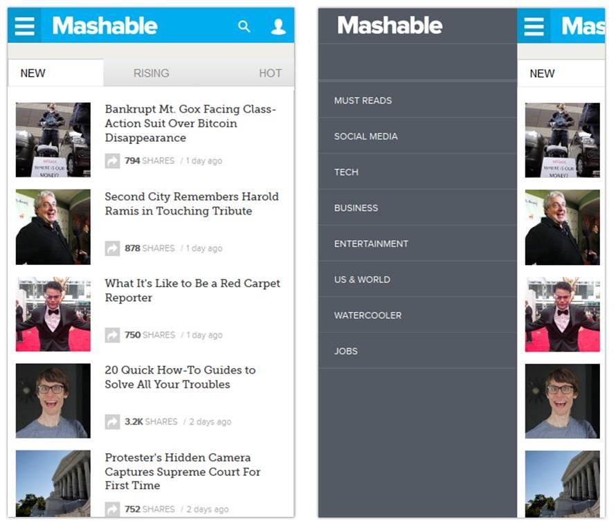 16 Kuva 3. Mashable uutisportaalin off canvas -navigaatio [7]. 2.