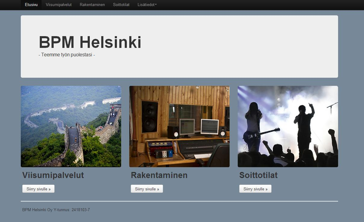 Kuvio 25. Luonnos BPM Helsinki-sivuston etusivusta. Etusivun muuntamisessa muiden sivujen pohjaksi tein siitä kopion ja muokkasin tarpeellisia osia.