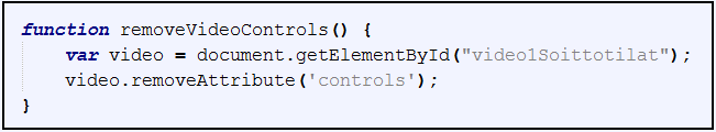 Kuvio 35. Videon kontrolli ominaisuuden poistaminen JavaScriptin avulla. Video-kontrollien tapauksessa poistettavia ominaisuuksia oli ainoastaan yksi.