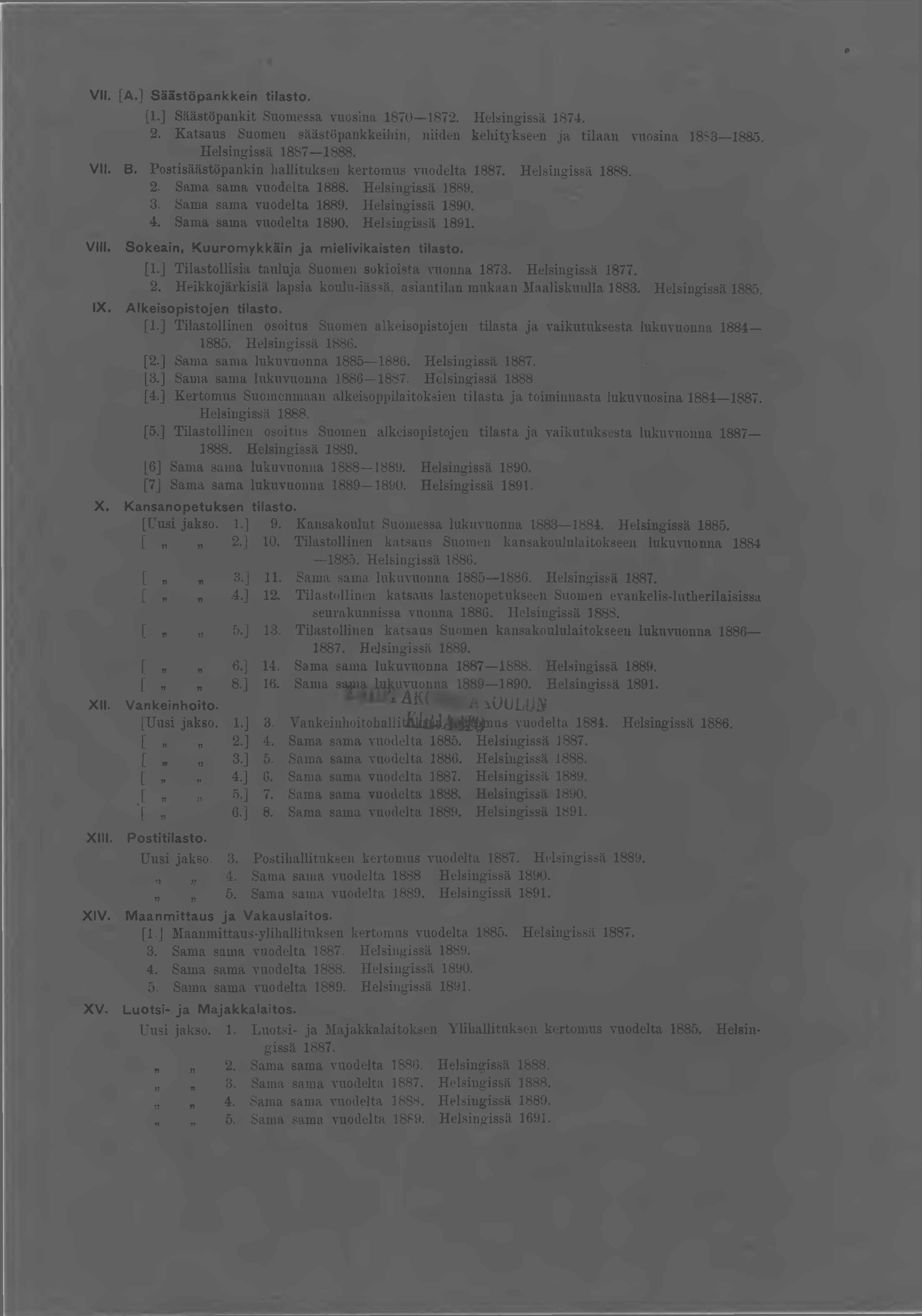 VII. [A.] S äästöpankken tlasto. [.] Säästöpankt Suomessa vuosna 870 87. Helsngssä 874.. Katsaus Suomen säästöpankkehn, nden kehtykseen ja tlaan vuosna 8-88.5. Helsngssä 887 888. VII. B.