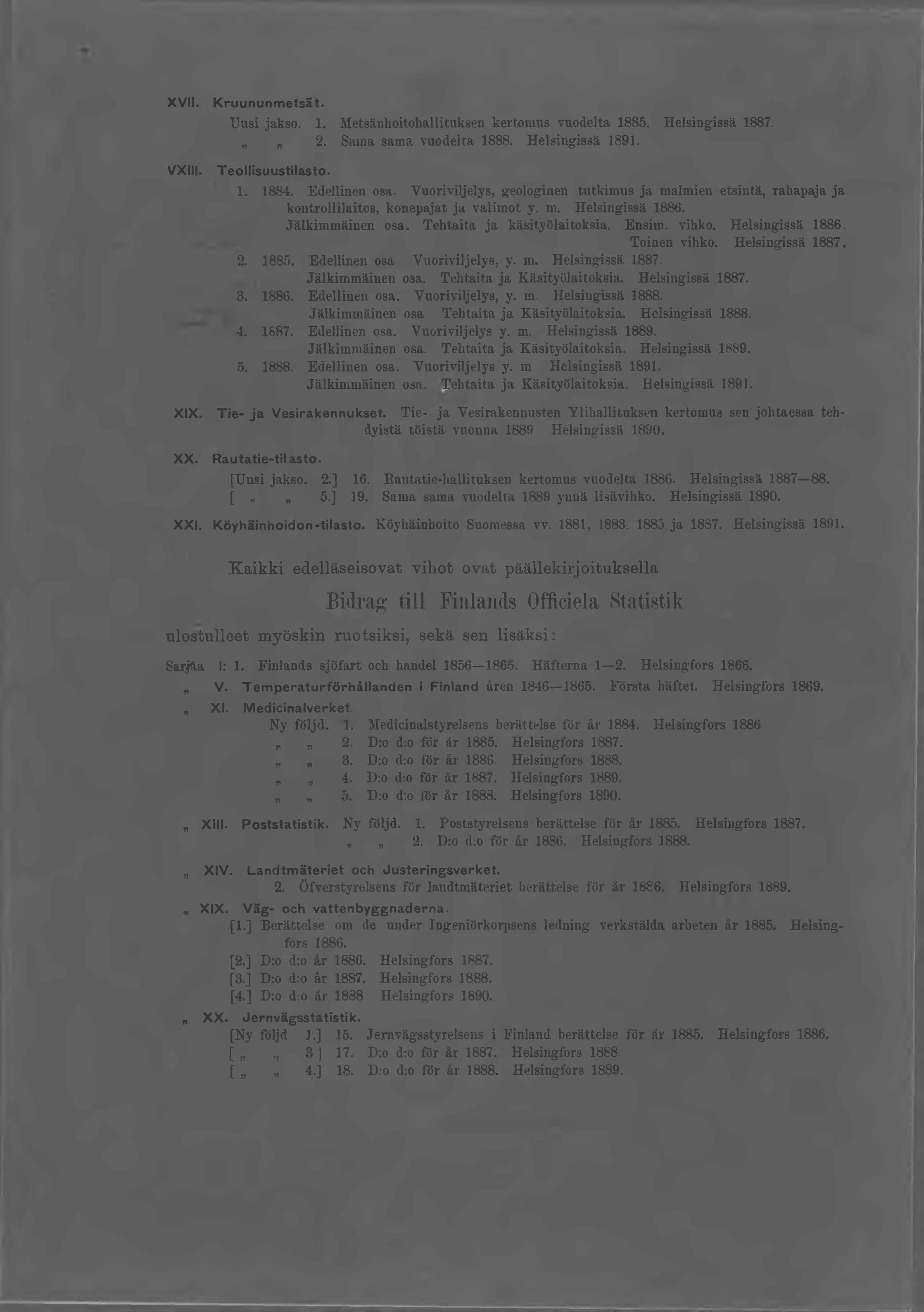 XVII. VXIII. K ruununm etsät. Uus jakso.. Metsänhotohalltuksen kertomus vuodelta 885. Helsngssä 887.. Sama sama vuodelta 888. Helsngssä 89. T eollsuustlasto.. 884. Edellnen osa.