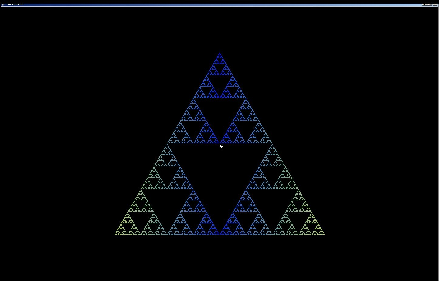 sekä lopputulos: Kuva 24: Valmis Sierpinskin kolmio Sierpinskin kolmion piirtäminen onnistuu loistavasti rekursiolla. Sierpinskin kolmiosta voi lukea lisää esim. Wikipediasta: http://en.wikipedia.