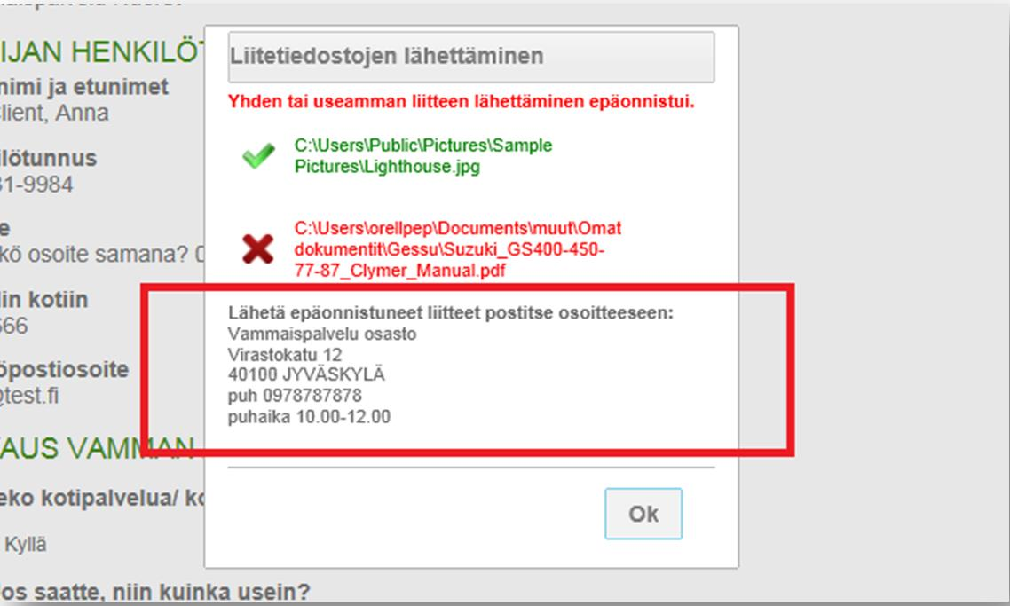 OMAPALVELU Hakemuksen mukana voit lähettää liitteitä eli liitetiedostoja Jos hakemukseen yrittää lähettää liian suurta liitetiedostoa (koko yli 2 megatavua), saadaan siitä ilmoitus liitetiedostojen