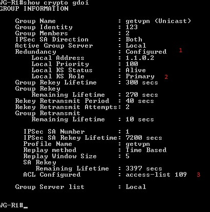 76 8.5.2 GETVPN todennus GETVPN todennus aloitettiin tarkastelemalla niin KS kuin GM saamia tietoja käyttäen show crypto gdoi, show crypto isakmp sa ja show crypto ipsec sa komentoja.