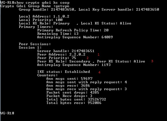 77 Seuraavaksi tarkasteltiin vielä samaa WG1-R1 laitetta tarkemmin COOP osalta, käyttäen show crypto gdoi ks coop komentoa. Kuviosta 42. nähdään aluksi laitteen omat tiedot, sekä ryhmän nimi.