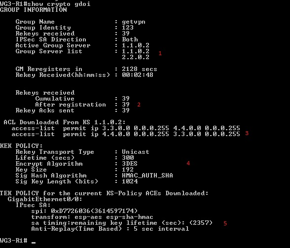 Seuraavaksi tarkasteltiin WG3-R1 laitteen antamia tietoja, WG3-R1 toimi toteutuksessa toisena GM laitteena ja sen tarkastelu aloitettiin antamalla show crypto gdoi komento.