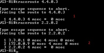 Tätä testattiin aluksi tarkastelemalla traceroute komennolla, kuinka liikenne reitittyy. Kuviosta 45 nähdään kuinka ensin kohdassa 1.