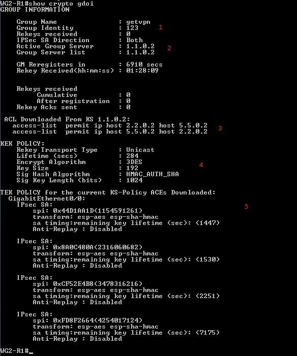 95 Kuviossa 53. Kohdassa yksi nähdään että WG2-R1 on liittynyt samaan getvpn nimiseen ryhmään jonka tunnus on 123. Kohdassa kaksi näkyy sen hetkinen aktiivinen KS eli WG1- R1.