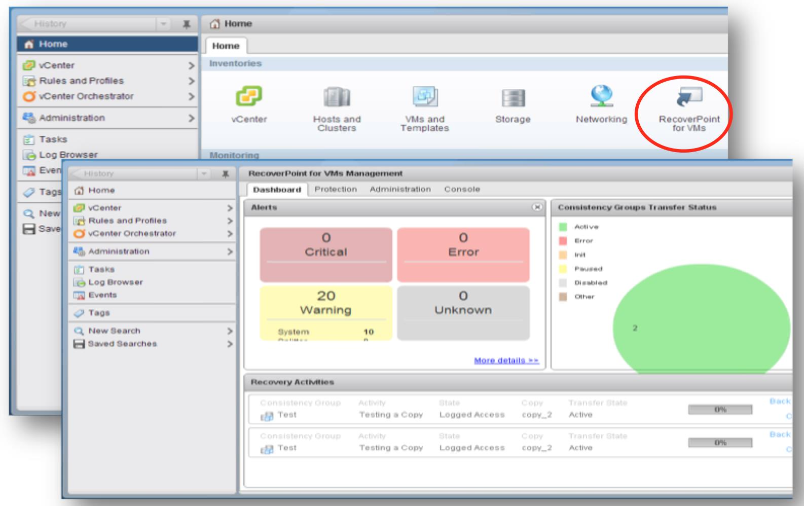 15 RecoverPoint voi toimia myös VMware Site Recovery Managerin kanssa, jolloin se toimii sen levyjärjestelmäpohjaisena replikointiratkaisuna, laajentaen suojausmahdollisuuksia pelkkään