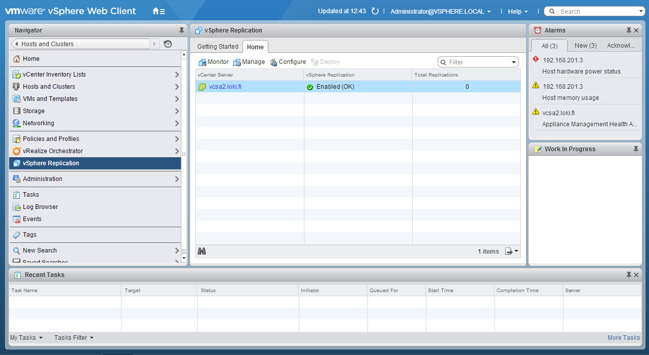 22 Kuva 8. Kuvaruutukaappaus vsphere Replicationin tilasta. Kun asennus ja rekisteröinti on molemmissa konesaleissa tehty, voidaan siirtyä replikointiyhteyksien määrittämiseen.