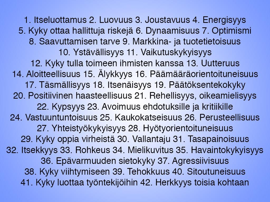 16 Kuvio 2. Yrittäjään liitettyjä ominaisuuksia (Hornaday 1982).