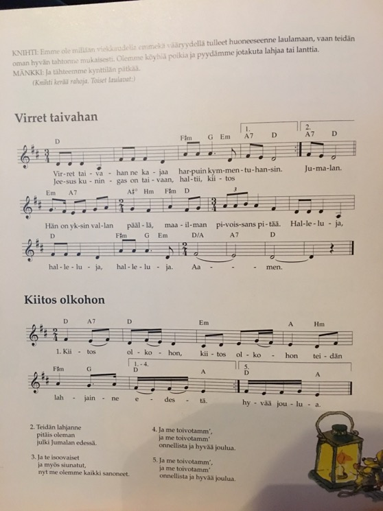 Kiitos olkohon, kiitos olkohon teidän lahjainne edestä. Hyvää joulua. Teidän lahjanne pitäis oleman julki Jumalan edessä.