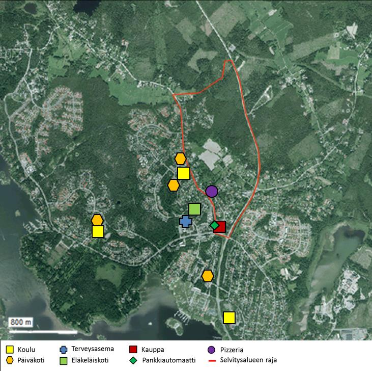 49 aivan selvitysalueen länsipuolella. Suomenkielinen ala-aste, Länsimetsän koulu, sijaitsee hieman kauempana samassa suunnassa.