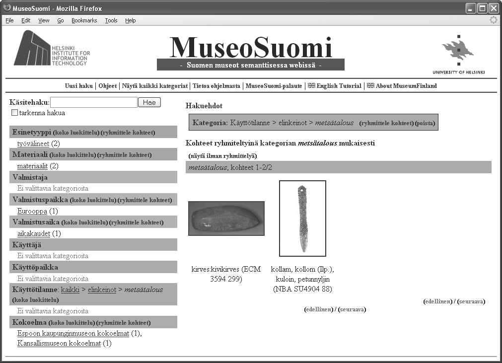 Esimerkki näkymäpohjaisesta hausta: MuseoSuomi Helsinkin Institute for Information Technology on toteuttanut MuseoSuomen, jossa käyttäjät voivat selata Suomen museoiden