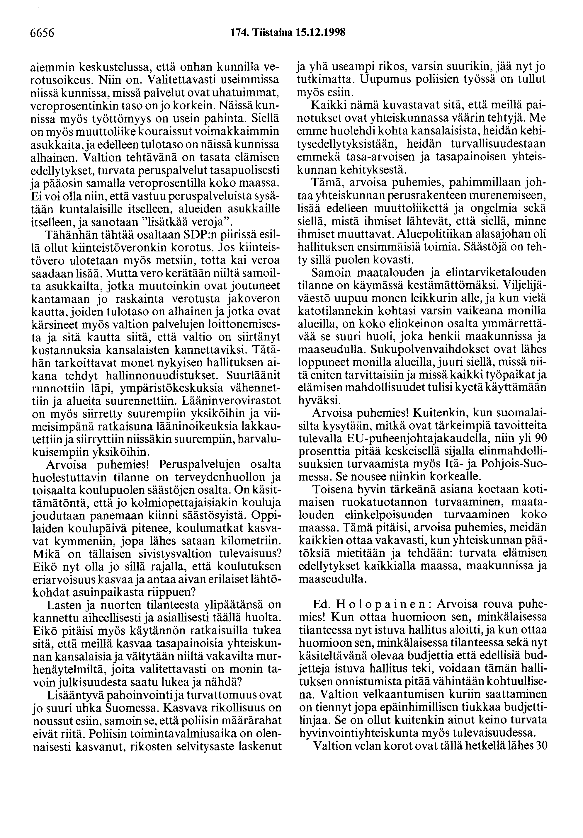 6656 174. Tiistaina 15.12.1998 aiemmin keskustelussa, että onhan kunnilla verotusoikeus. Niin on.