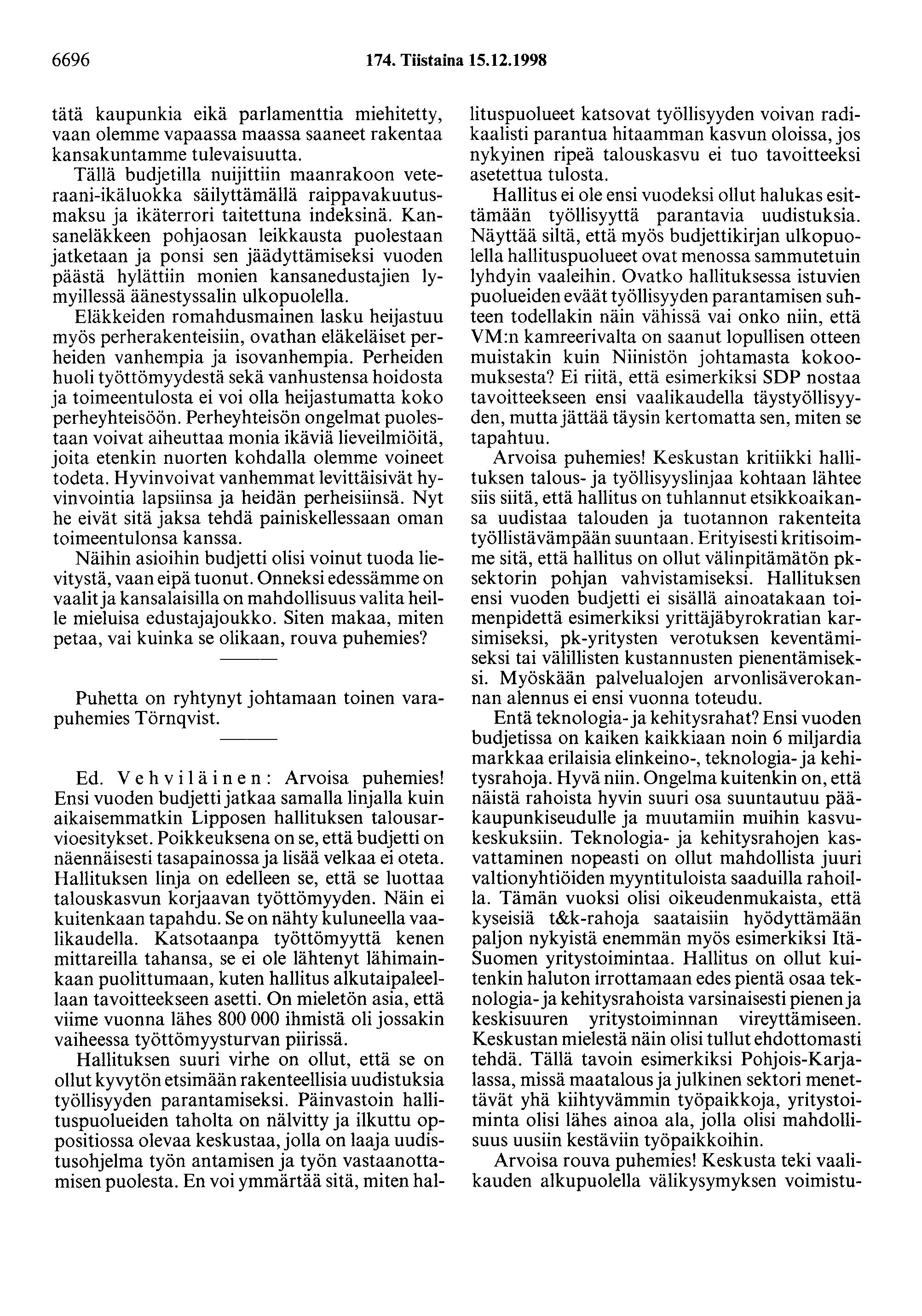 6696 174. Tiistaina 15.12.1998 tätä kaupunkia eikä parlamenttia miehitetty, vaan olemme vapaassa maassa saaneet rakentaa kansakuntamme tulevaisuutta.