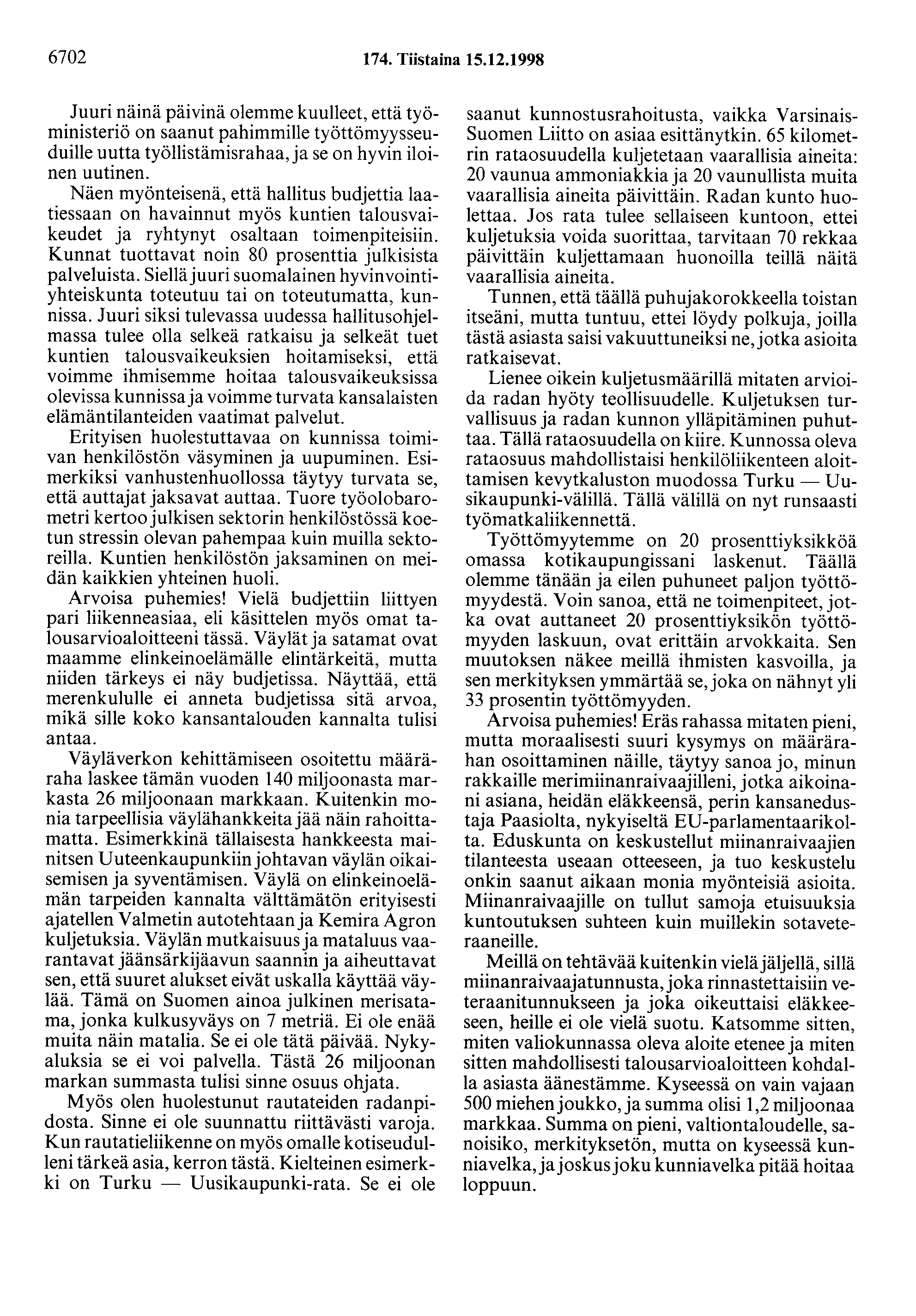 6702 174. Tiistaina 15.12.1998 Juuri näinä päivinä olemme kuulleet, että työministeriö on saanut pahimmille työttömyysseuduille uutta työllistämisrahaa,ja se on hyvin iloinen uutinen.