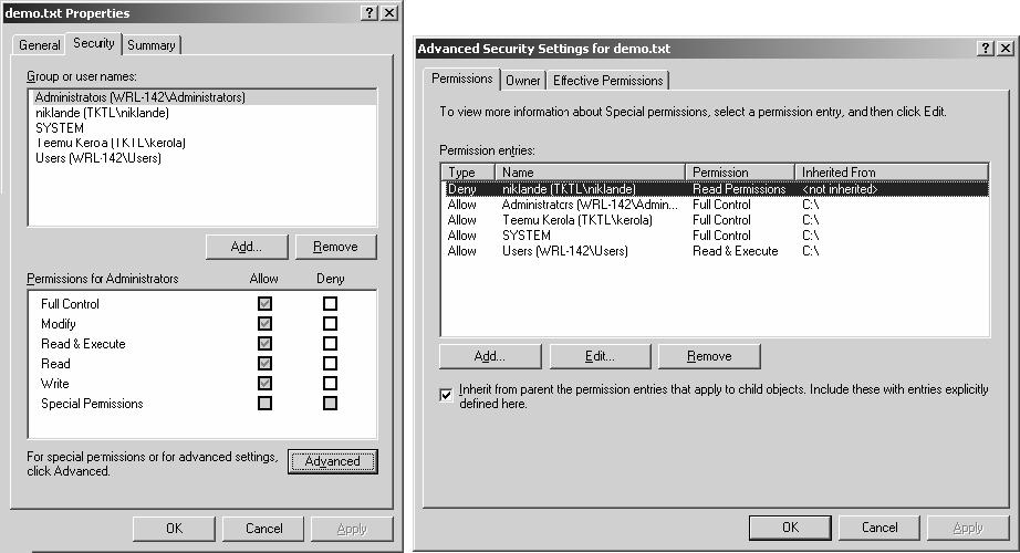 W2K DACL Esimerkki (NTFS) 19 20 W2K pääp ääsyoikeusmaski (access( mask) for files Object type (modify SACL, jos prosessilla myös tämä oikeus) (rajoittaa samalla kertaa annettavia oikeuksia) (Fig 16.