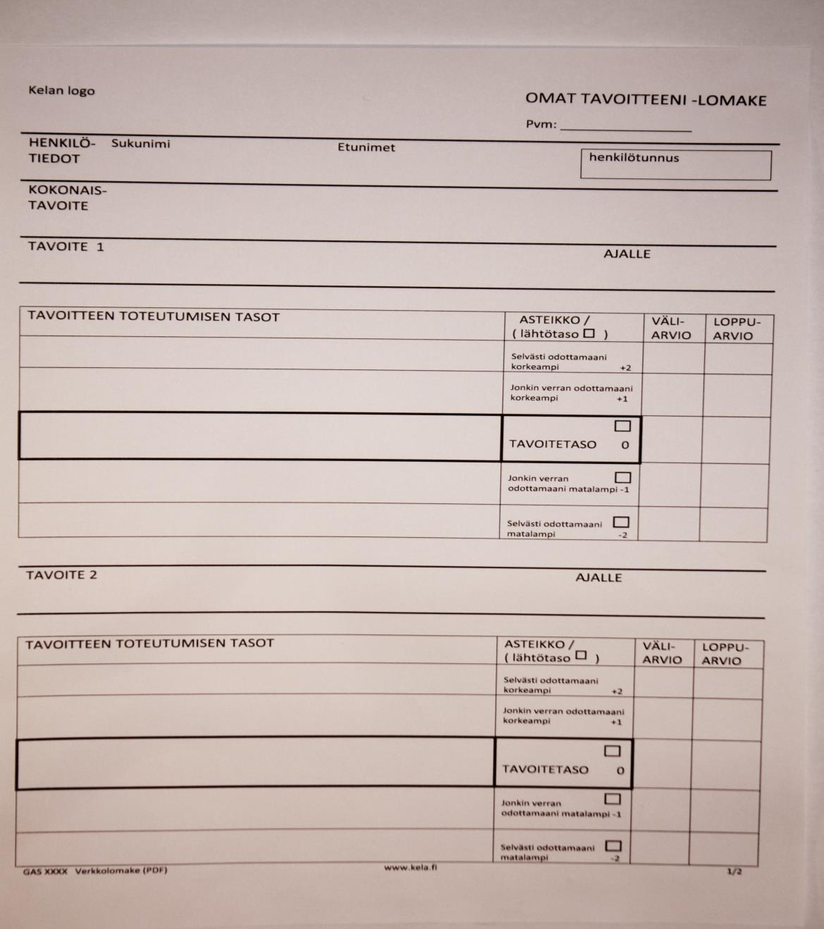 43 8 Omat tavoitteeni -lomake Kehittämisprosessin tuloksena kehittäjäryhmä tuotti ehdotuksen uudistetusta GAS -lomakkeesta ja sen käyttöohjeosiosta (kuva 1-2).