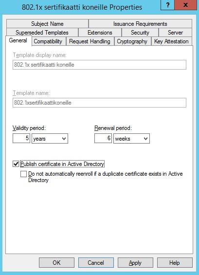 35 certificate Templatesta ja muokataan se haluttuun muotoon. Muutetaan nimi kuvaavaksi ja valitaan Validity Period eli se, kuinka kauan sertifikaatti on voimassa, tämä on kuvattu kuviossa 18.