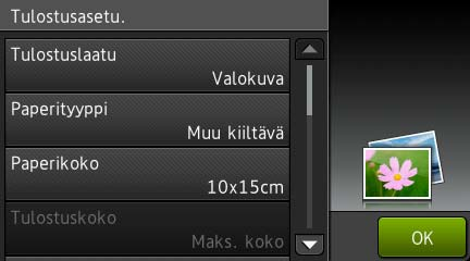 Valokuvien tulostus muistikortilta tai USB-muistitikulta PhotoCapture Center -tulostusasetukset 9 Tulostusasetuksia voi vaihtaa tilapäisesti seuraavaa tulostusta varten.