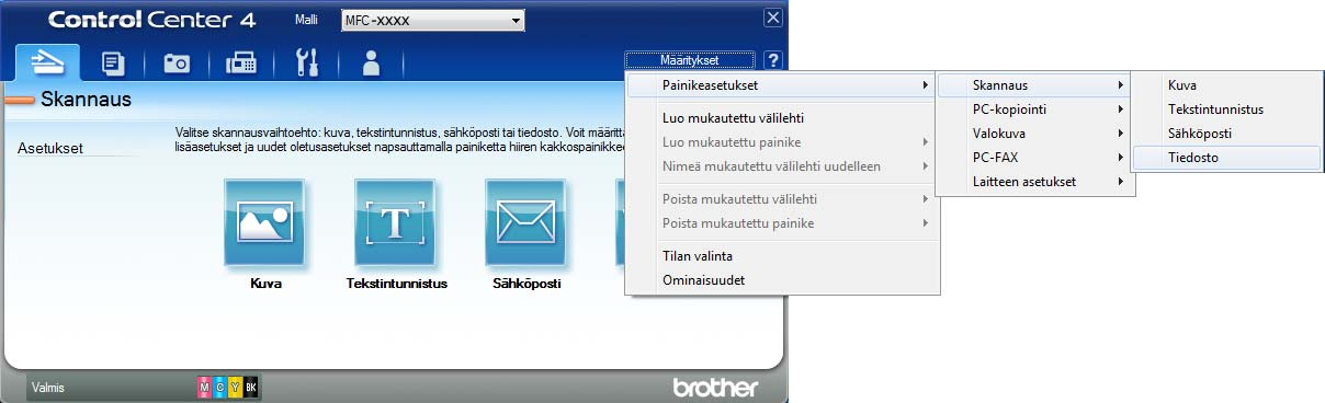 Luku 11 e Määritä skannausasetukset. Napsauta Määritykset ja valitse sitten Painikeasetukset, Skannaus ja Tiedosto.