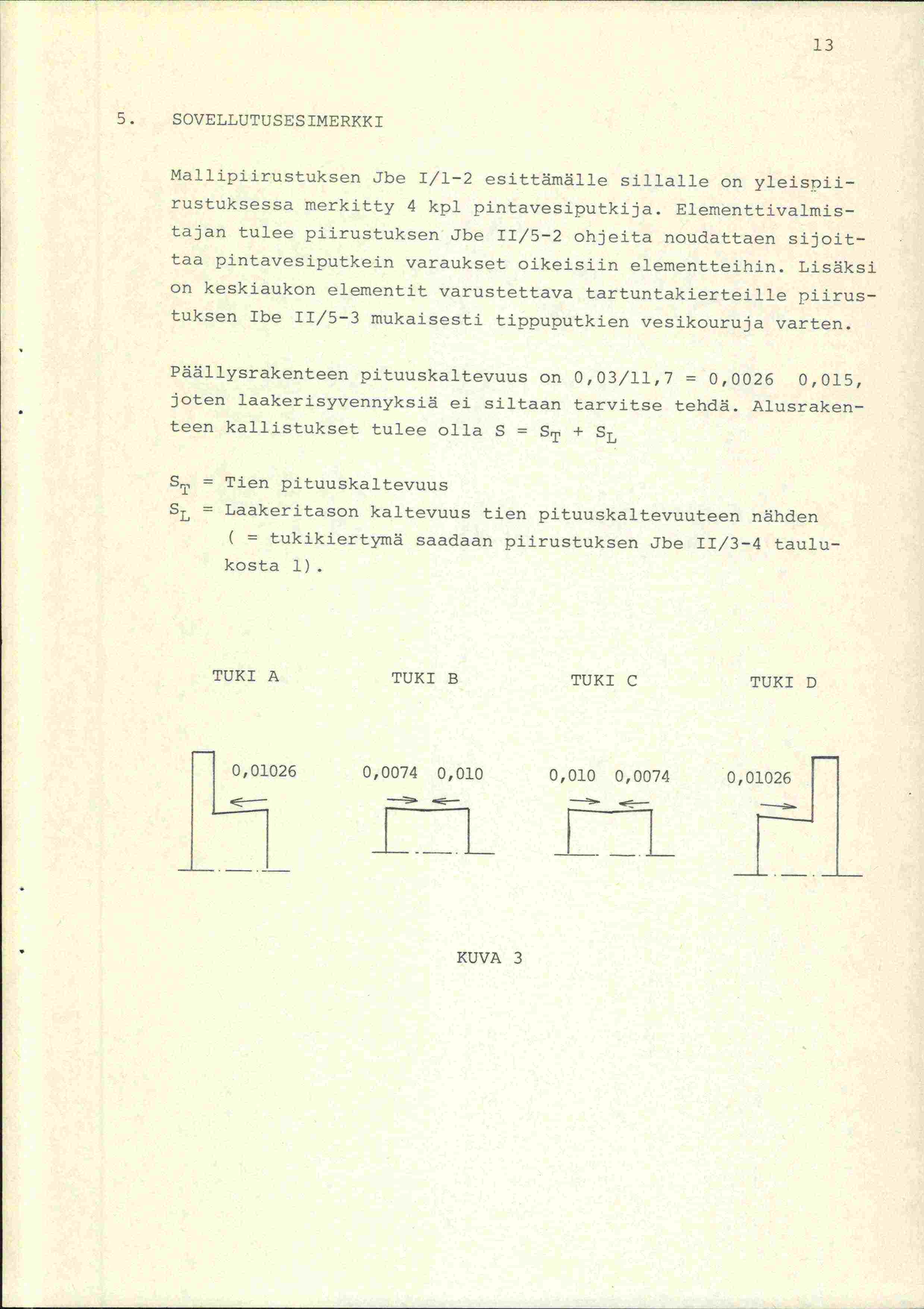 13 5. SOVELLUTUSESIMERKKI Mallipiirustuksen Jbe 1/1-2 esittämälle sillalle on yleisniirustuksessa merkitty 4 kpl pintavesiputkija.