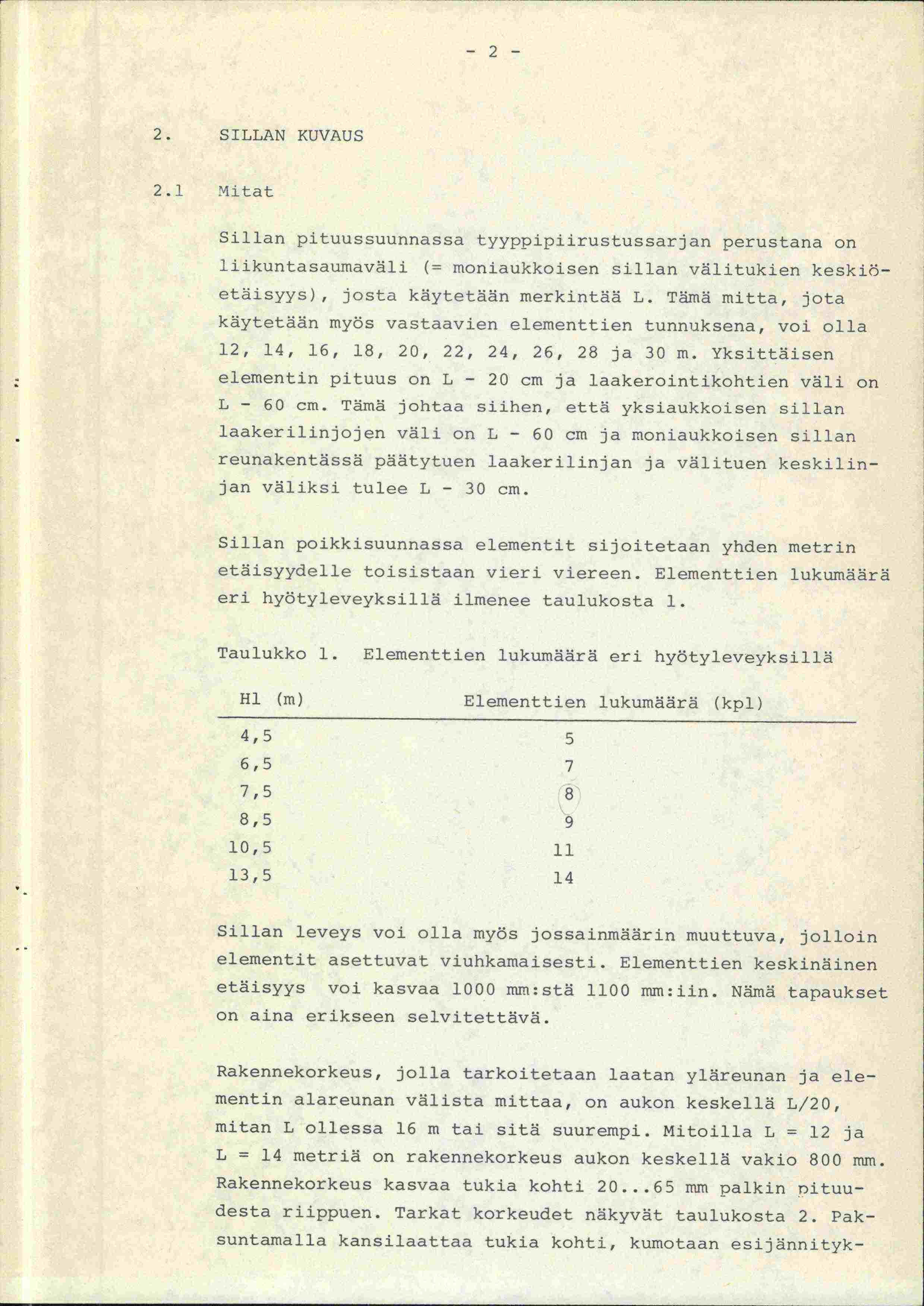 -2-2. SILLAN KUVAUS 2.1 Mitat Sillan pituussuunnassa tyyppipiirustussarjan perustana on liikuntasaurnavälj (= moniaukkojsen sillan välitukien keskiöetäisyys), josta käytetään merkintää L.