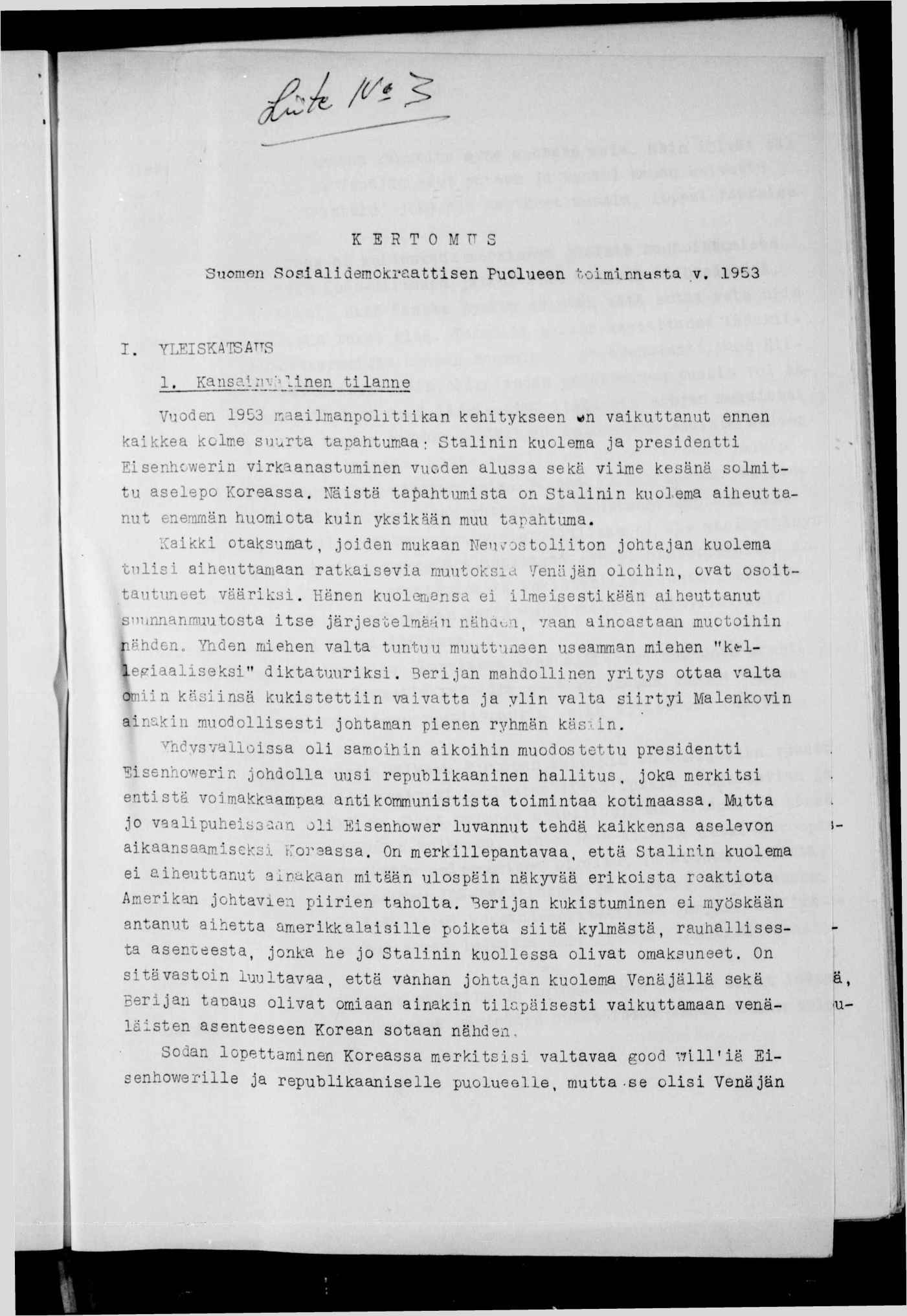 KERTOMT^S Suomen Sosaldemokraattsen Puolueon tolnlmafta v. 953 T. YKESKATSATTS.