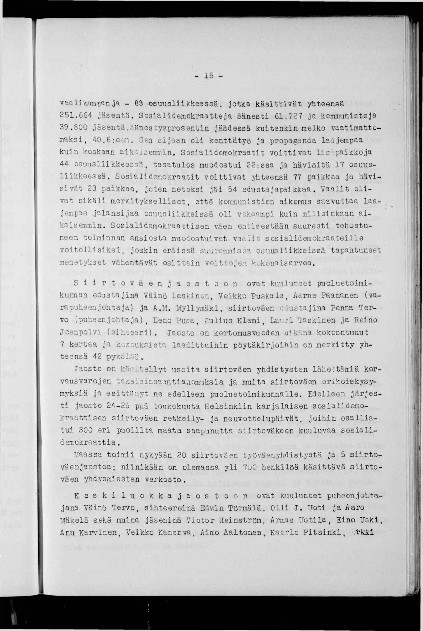 -' - 5 - v&altoq^naa - 83 osuus]kkeessä, jotka kästtvät yhteensä 25,664 jäsentä. Sosaldemokraatteja äänest 6^727 ja komnmsteja 39.