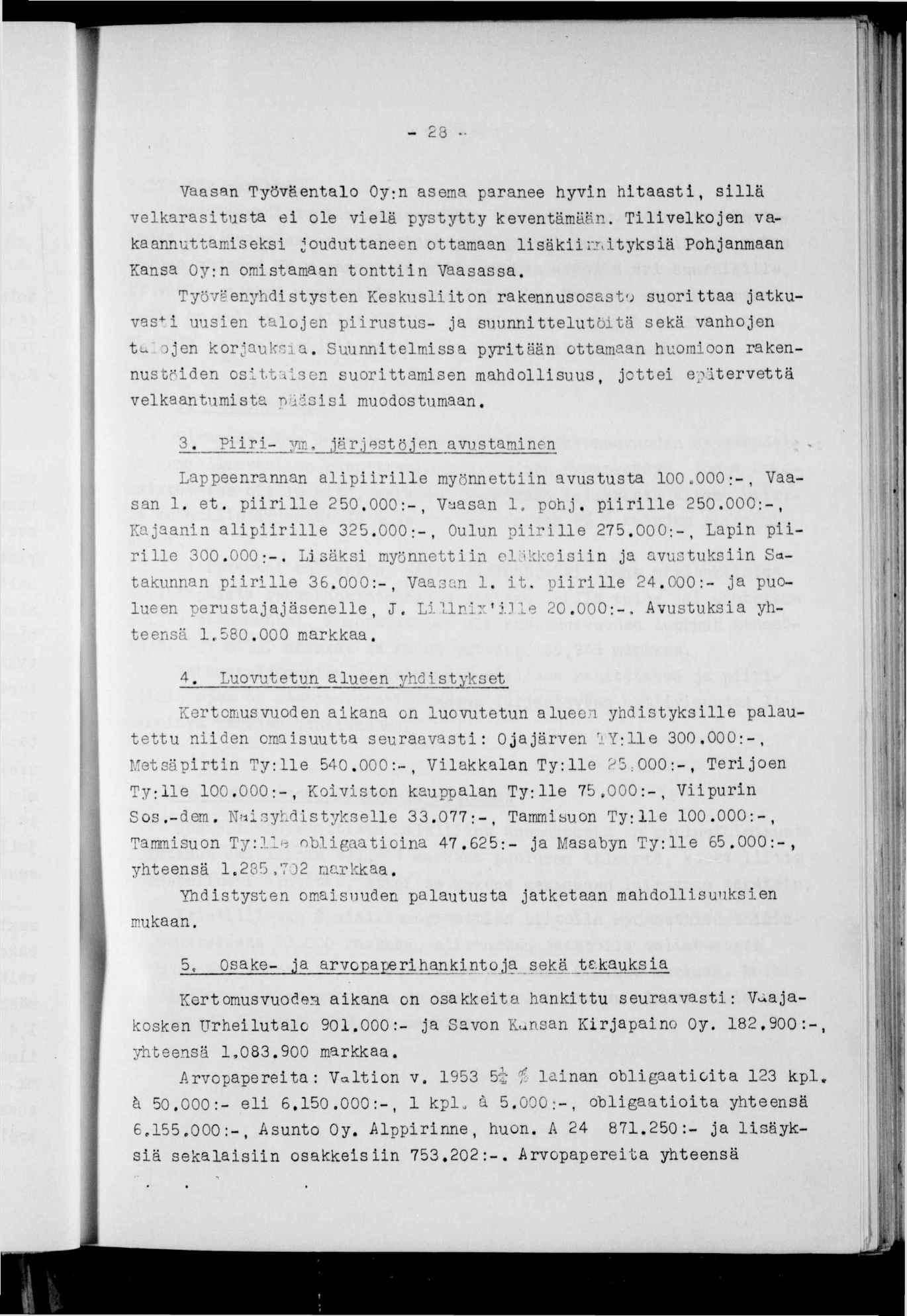 m - 28 Vaasan Työväentalo Oy:n asema paranee hyvn htaast, sllä velkarastusta e ole velä pystytty keventämään. Tlvelkojen vakaannuttamseks jouduttaneen ottamaan lsäkrjr.