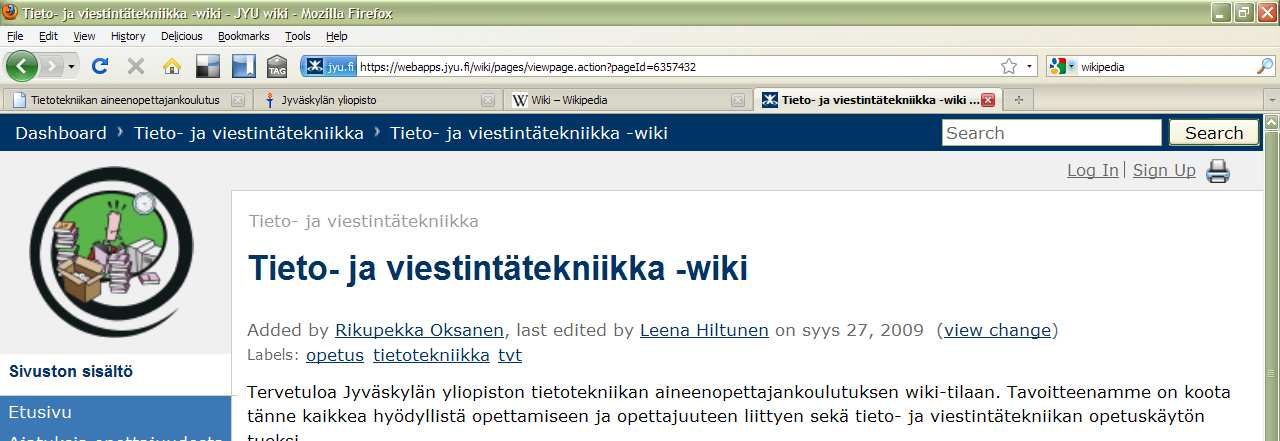 Esimerkkinäkymä tietotekniikan aineenopettajankoulutuksen Confluence wikistä Muokkaamaan