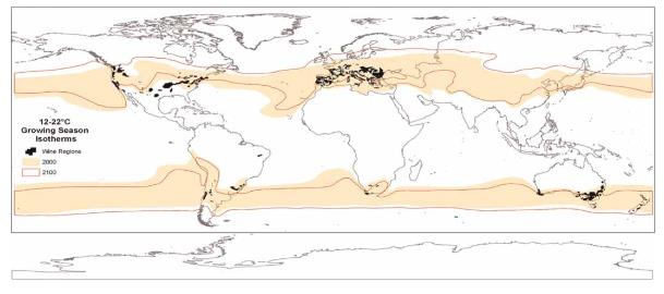 29 Kuvio 10. Viinin viljelyvyöhykkeiden rajat pohjoisella ja eteläisellä pallonpuo- liskolla vuonna 2100 (Schultz & Jones 2010, 140). Hannah ym.
