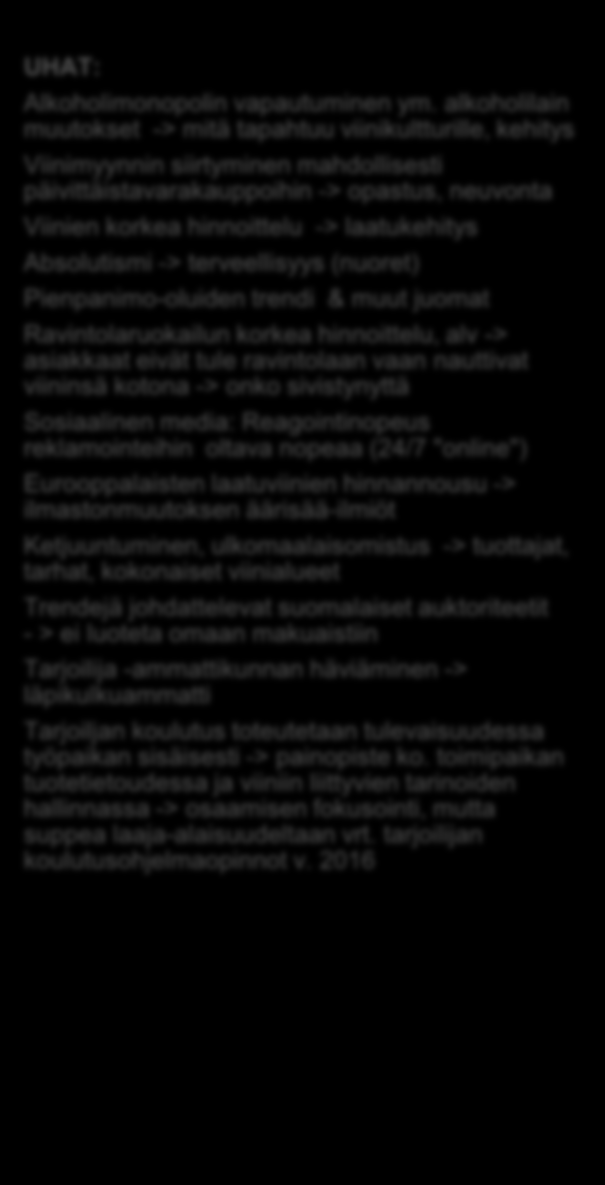 viinin hinnan, laadun ja trendien määrittäjänä Suomessa Korkea viinin hinta -> vähittäis- ja anniskelukulutus, korkea alv -> kuluttajat nauttivat viininsä kotona Tarjoilija -> ei trendikäs ammatti,