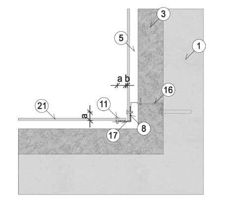 Niittikiinnitys alumiinirankaan Ulkonurkka, poikkileikkaus vaakasuoraan 7 EPDM-saumanauha 30 mm (valinnainen) 8 EPDM-saumanauha 90 mm