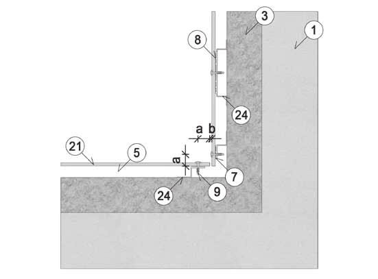 30/40 mm b Levysauma 8 mm Sisänurkka, poikkileikkaus vaakasuoraan 7 EPDM-saumanauha 30 mm (valinnainen) 8