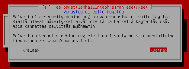 Päivitysten lataaminen ei kuitenkaan palomuurista johtuen onnistu, joten seuraavanlainen varoitus pitää kuitata pariin kertaan.