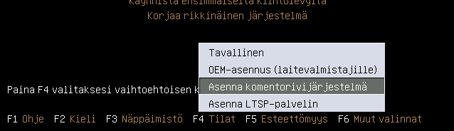 Valittu kieliasetus koskee vain asennusohjelmistoa, järjestelmän kieli valitaan myöhemmin. Tässä ohjeessa on käytetty suomen kieltä.